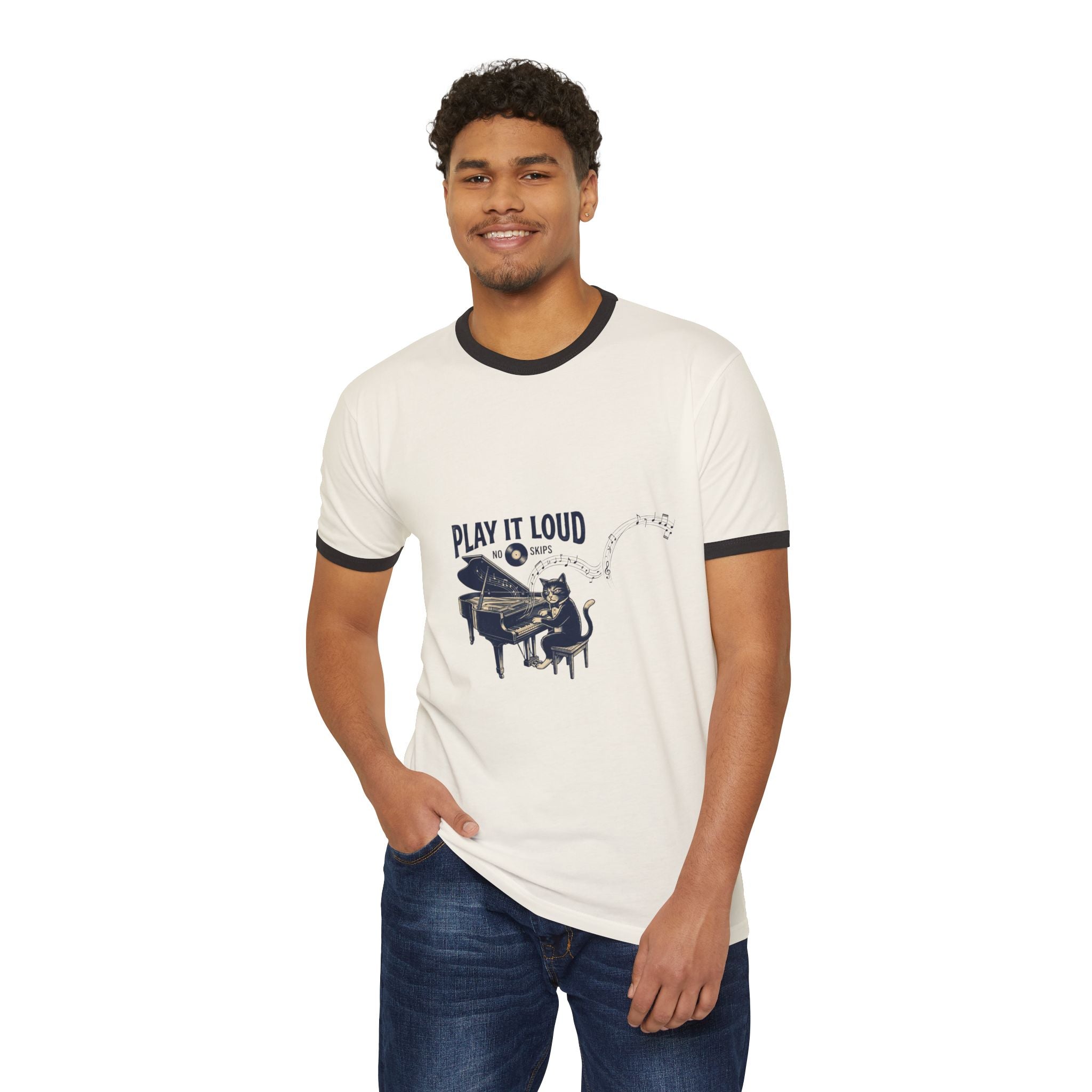 Nvnth Play It Loud Piano Ringer Tee — close up of contrasting collar rib binding, vintage streetwear style