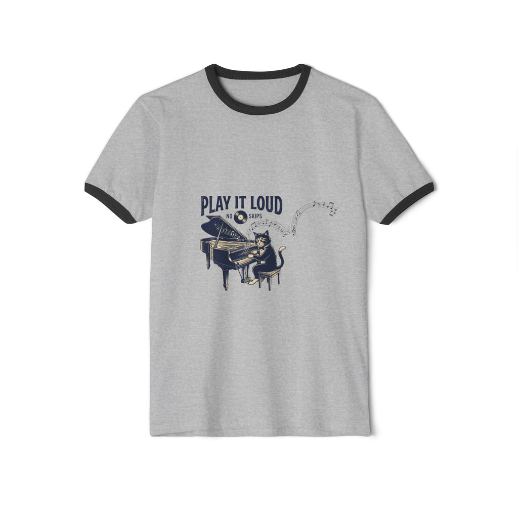 Nvnth Play It Loud Piano Ringer Tee — detail shot showing PLAY IT LOUD lettering and piano illustration