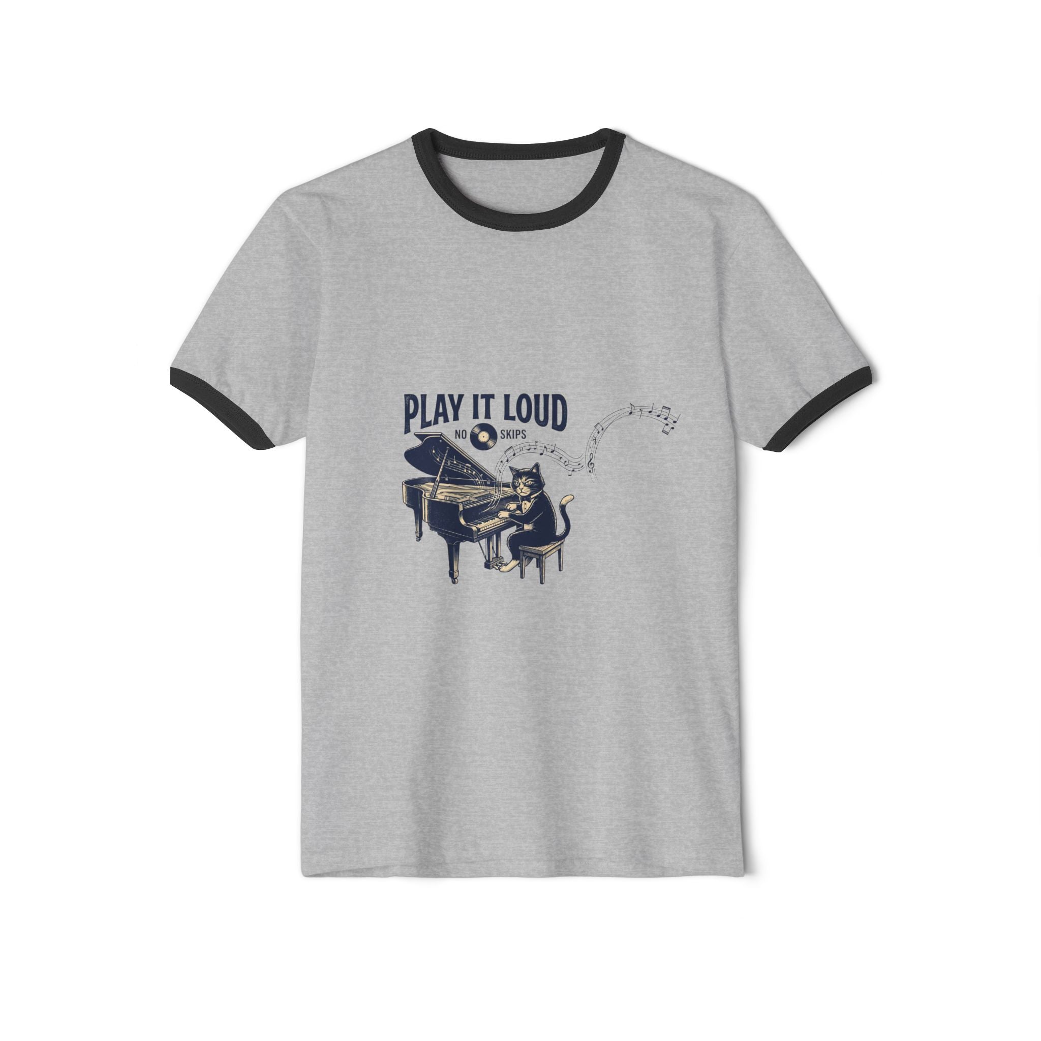 Nvnth Play It Loud Piano Ringer Tee — detail shot showing PLAY IT LOUD lettering and piano illustration