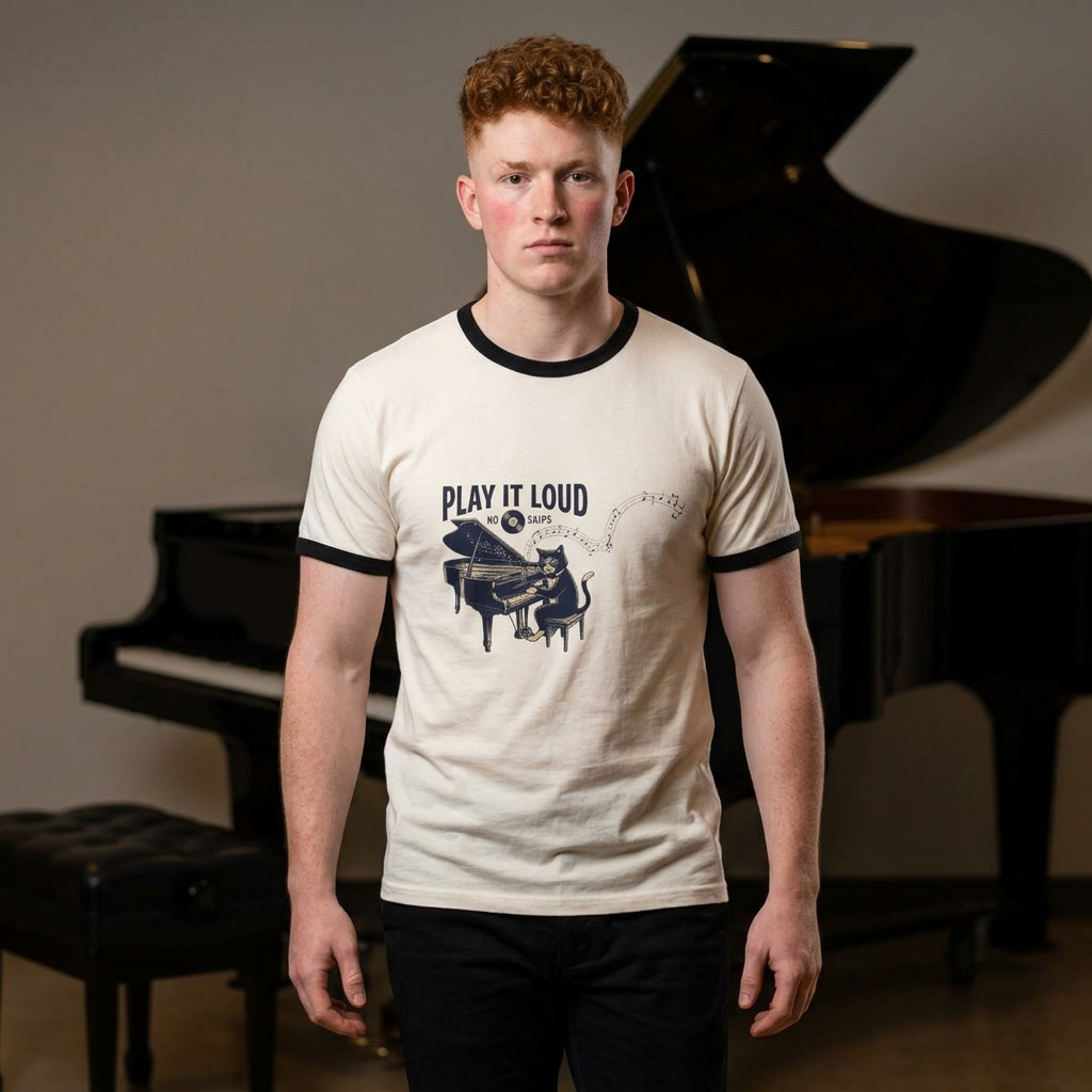Nvnth Play It Loud Piano Ringer Tee — front view, Heather Grey with black ringer trim