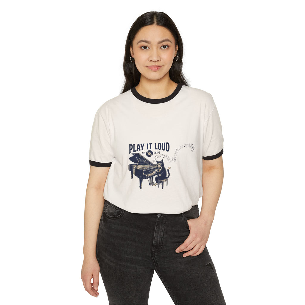 Nvnth Play It Loud Piano Ringer Tee — Natural with Midnight Navy ringer trim, side view